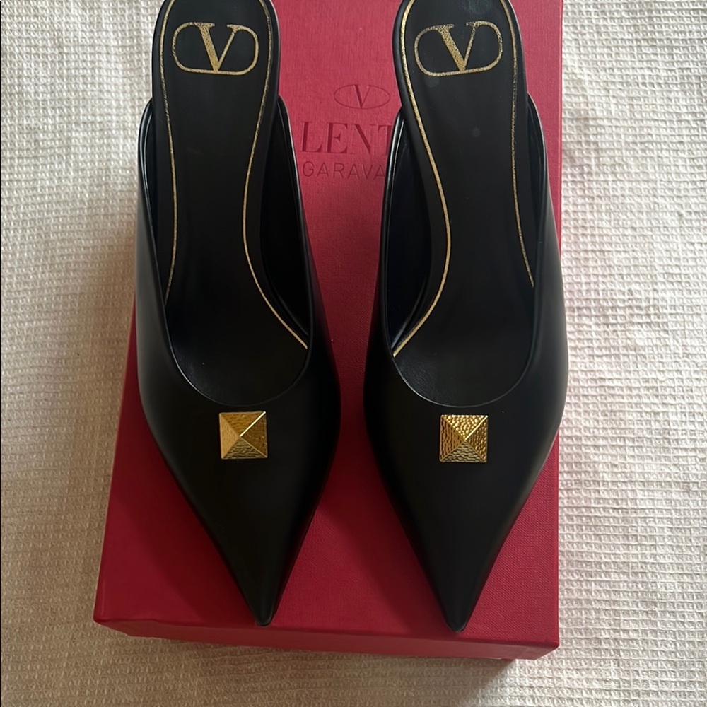 Valentino Garavani Black Leather Pointed Slip-On Mules with Gold Pyramid Stud
